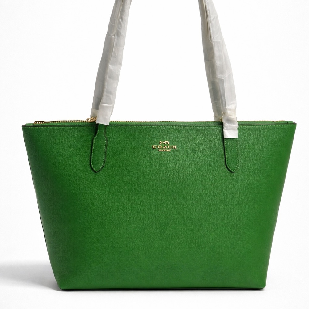 Coach Green Leather Zip-Top Tote with Gold Hardware With Matching Wallet